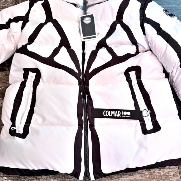 Colmar Reversible Down Puffer Jacket Large Black White Graphic Print Hooded NWT - Picture 9 of 15